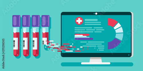 The results of clearly deciphered medical tests can be viewed online on a PC. Vector illustration, flat cartoon clinical checklist document with checkbox, insurance or medicine service concept