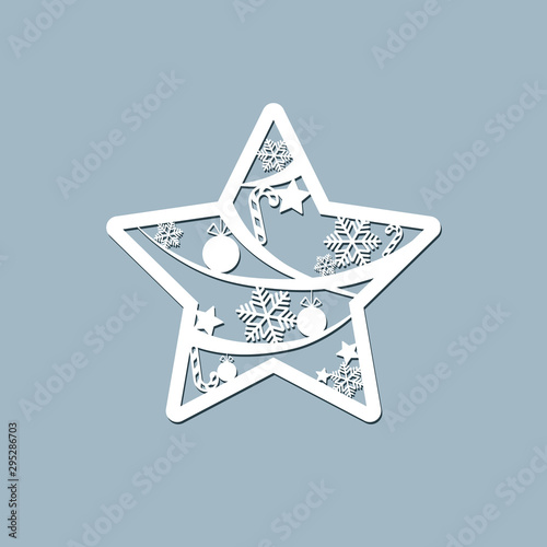 Lasercut toy star Christmas theme Design element of a lasercut lace Christmas toy star for laser cutting New Year greeting card holiday decoration Stencil for laser cutting printing Isolated Vector