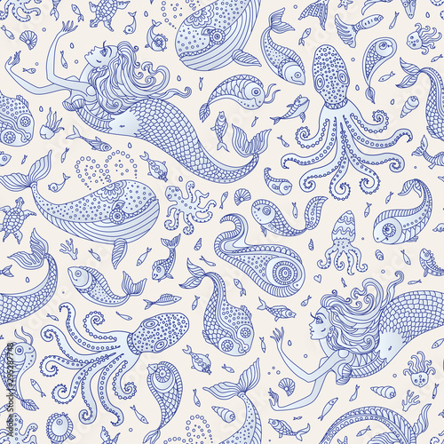 Vector seamless nautical fairy tale pattern. Fantasy mermaid, octopus, fish, ...