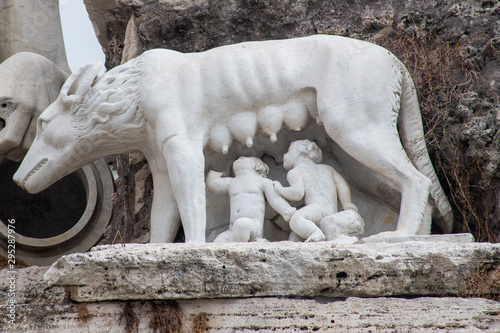 Photography Statue of Romulus and remus founders of rome feeding from wolf
