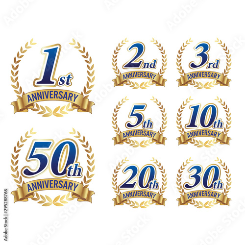 アニバーサリー　1,2,3,5,1,20,30,40,50周年記念まで使える高級なイメージの紺の文字とゴールドの月桂樹リボンベクター素材