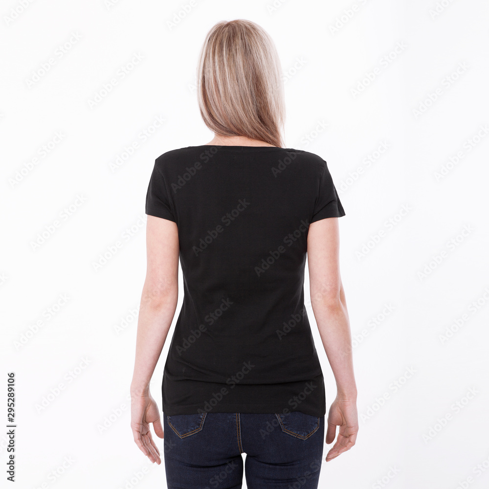 Shirt design woman in blank black t-shirt front isolated. Clean empty mock up template for design. Shirt design woman in blank black t-shirt front isolated. Clean empty mock up template for design.