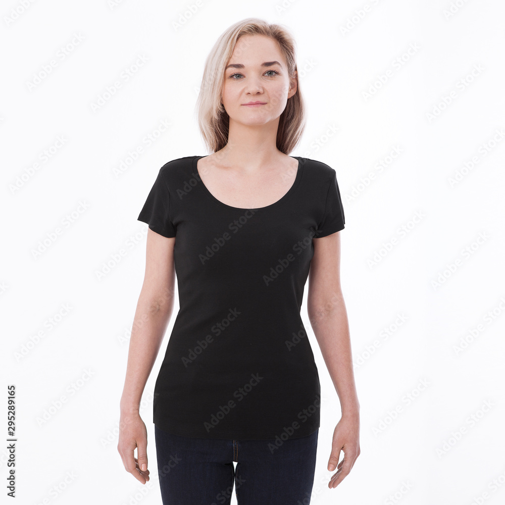 Shirt design woman in blank black t-shirt front isolated. Clean empty mock up template for design. Shirt design woman in blank black t-shirt front isolated. Clean empty mock up template for design.