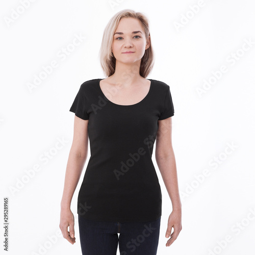 Shirt design woman in blank black t-shirt front isolated. Clean empty mock up template for design.