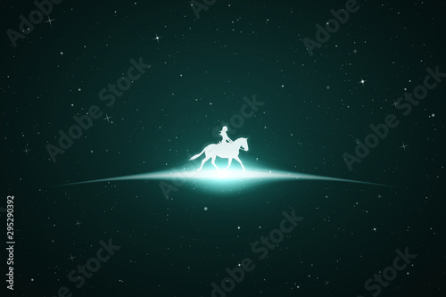 Girl on horse in space. Vector conceptual illustration with white silhouette of running horse and female rider. Emerald abstract background with stars and glowing outline