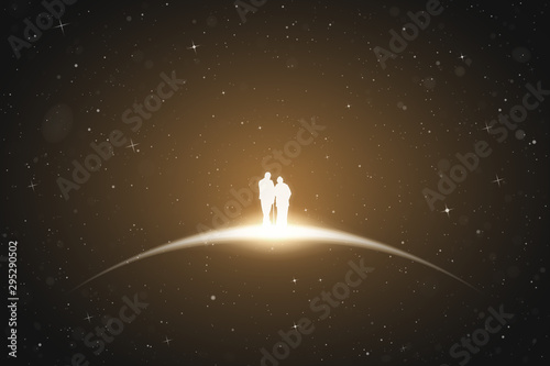 Old lovers in space. Vector conceptual illustration with white silhouette of elderly couple. Yellow abstract background with stars and glowing outline.