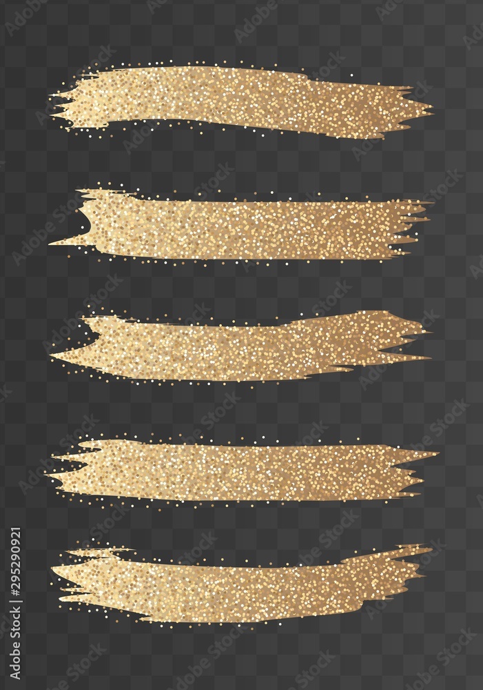 Gold glitter brush strokes set. Bright glowing festive sequins and sparkles. Golden sparkle luxury design element isolated. Vector illustration.