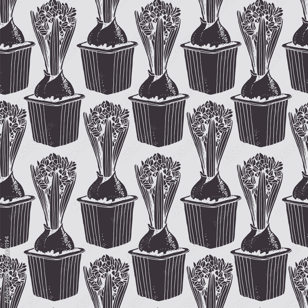 Hyacinth in a pot vector seamless pattern, hand drawn flower background Hyacinth in a pot vector seamless pattern, hand drawn flower background