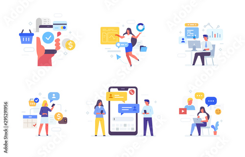 People use gadgets. set of icons, illustration. Smartphones tablets user interface social media.Flat illustration Icons infographics. Landing page site print poster.