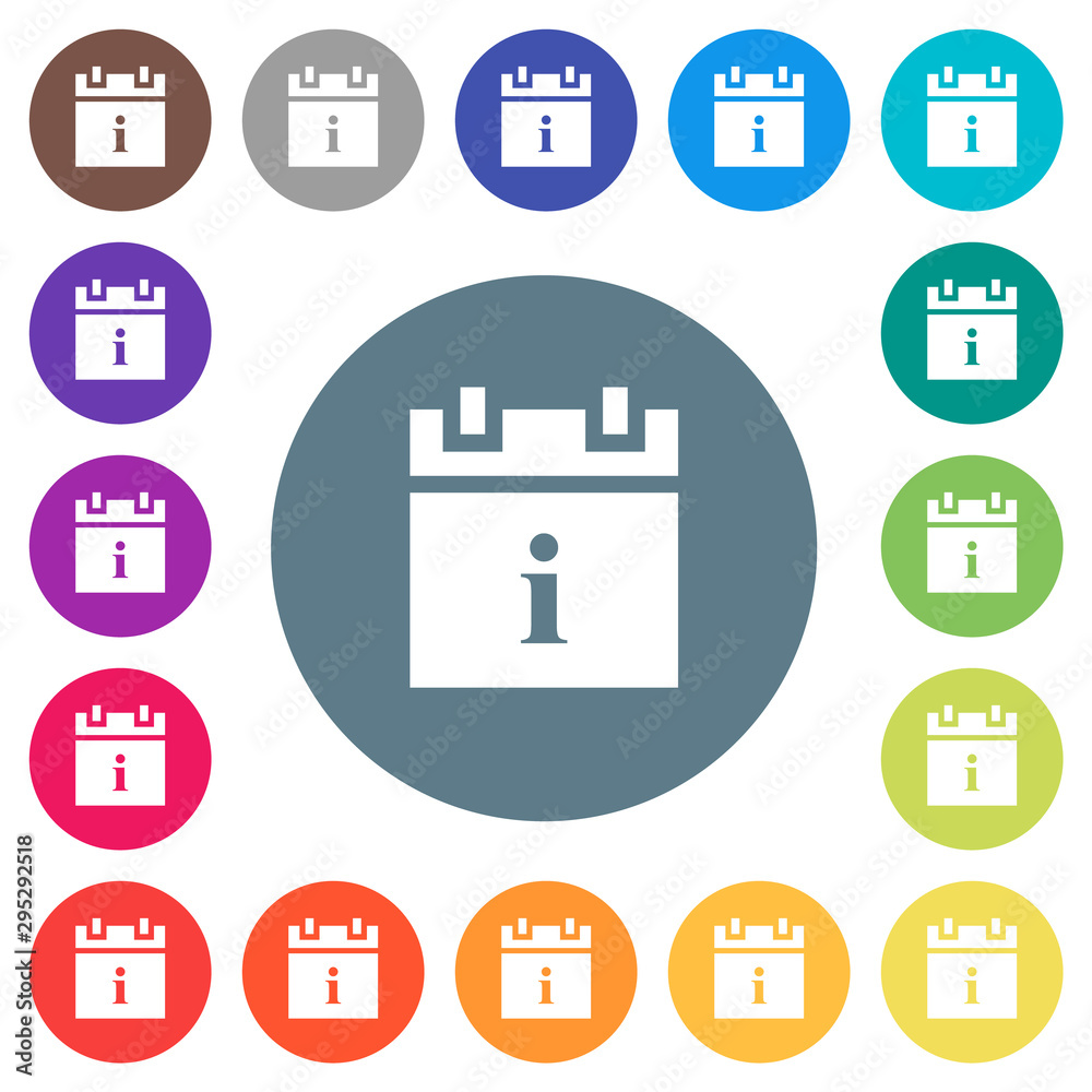 Schedule info flat white icons on round color backgrounds Schedule info flat white icons on round color backgrounds