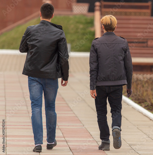 Two men are walking along the road in the park © schankz