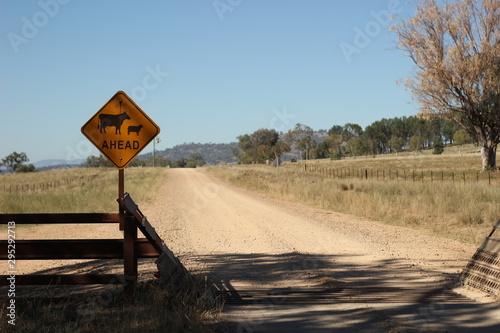 farm property cattle road crossing grid across a dry drought stricken dusty dirt road in rural New South Wales, Australia