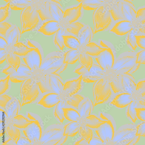 Seamless pattern flowers orange with blue with gray edging on a green background.