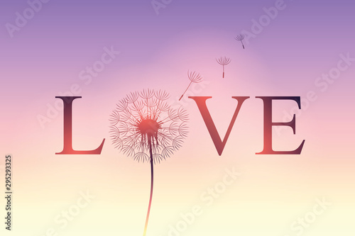 love typography with dandelion on purple sky background vector illustration EPS10