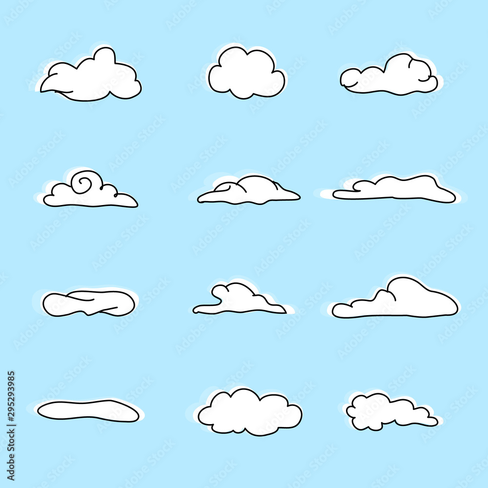 white cloud vectors on blue background, cloud cartoon flat design