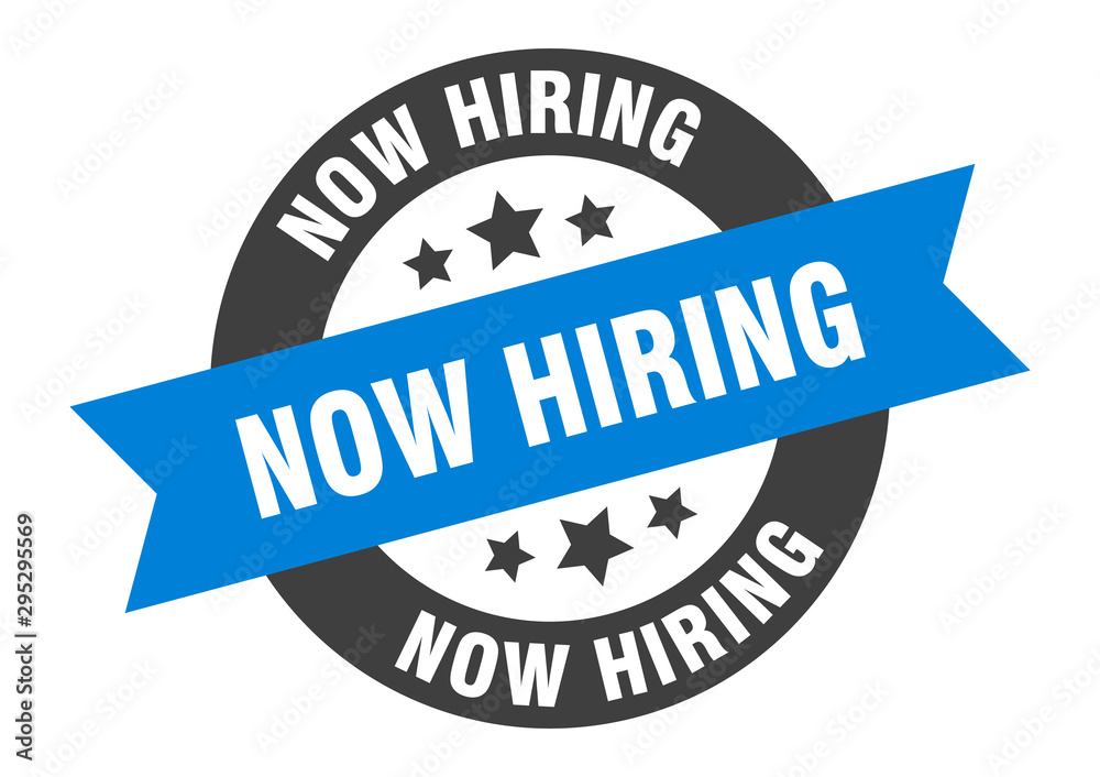 Fototapeta premium now hiring sign. now hiring blue-black round ribbon sticker