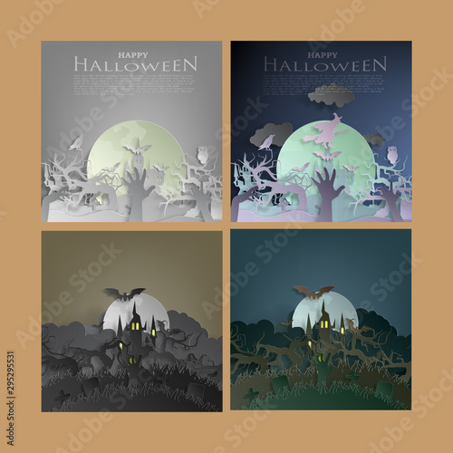 Set vector paper cut Background Bat Castle,bat, ghost castle, for halloween.