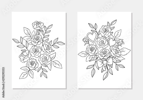 vector heart bouquet rose flower feaf composition coloring book outline illustration