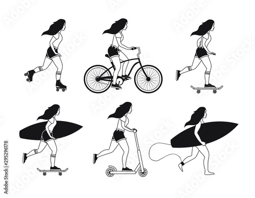 Vector flat black outline set bundle of different young women isolated on white background. Girls with surf, skate boards, rollers and scooter illustration
