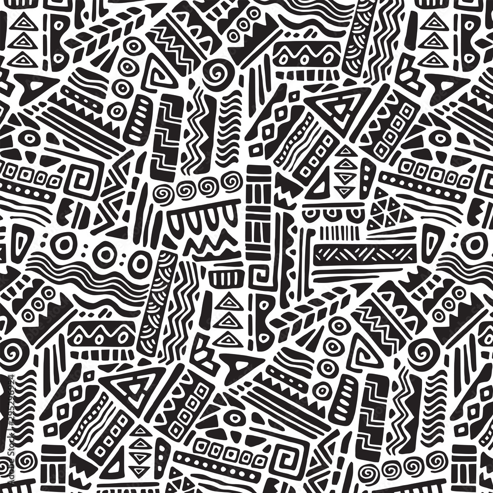 Seamless ethnic geometric ornament pattern. Hand drawn tribal design vector background. Ethnic style patchwork print 
