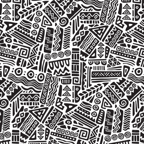 Seamless ethnic geometric ornament pattern. Hand drawn tribal design vector background. Ethnic style patchwork print 