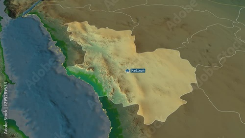 Al Madinah - region of Saudi Arabia with its capital zoomed on the physical map of the globe. Animation 3D photo