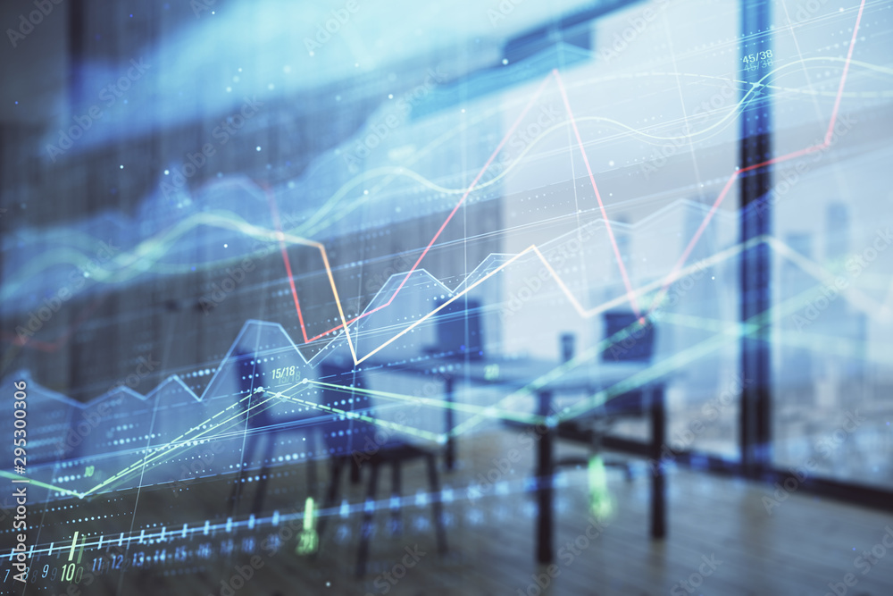 Business theme graph hologram with minimalistic cabinet interior background. Double exposure. Stock market concept. Business theme graph hologram with minimalistic cabinet interior background. Double exposure. Stock market concept.