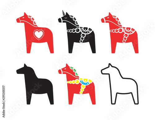 Vector set bundle of different cartoon flat Scandinavian Swedish dala horse with ornaments isolated on white background