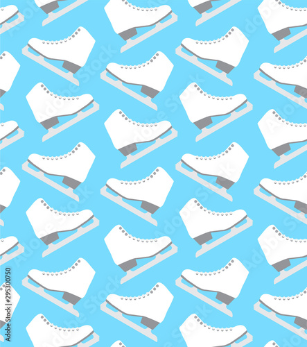 Vector seamless pattern of flat cartoon white ice skates isolated on blue background