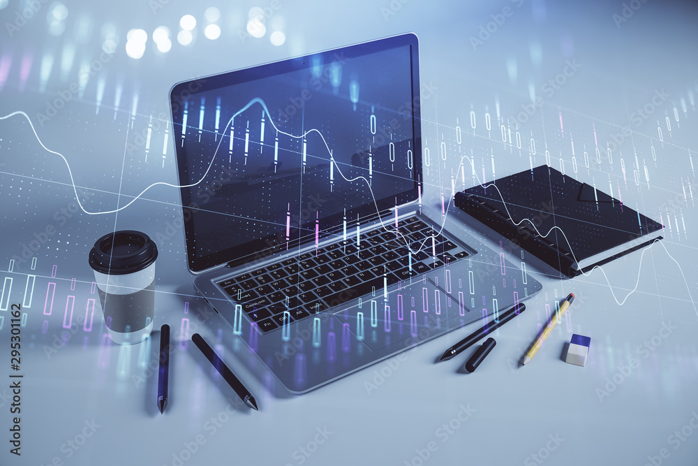 Forex graph hologram with desktop office computer background. Double exposure. Concept of financial analysis. Forex graph hologram with desktop office computer background. Double exposure. Concept of financial analysis.