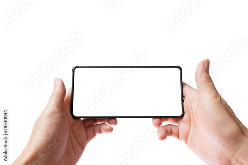 Hand holding black smartphone with blank screen for apply display touch screen concept. isolated on white background with clipping path