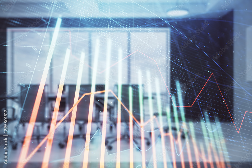 Double exposure of forex chart on conference room background. Concept of stock market analysis Double exposure of forex chart on conference room background. Concept of stock market analysis