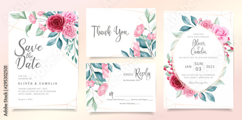 Modern floral wedding invitation card template set with elegant watercolor flowers and leaves. Red and peach botanical illustration background set