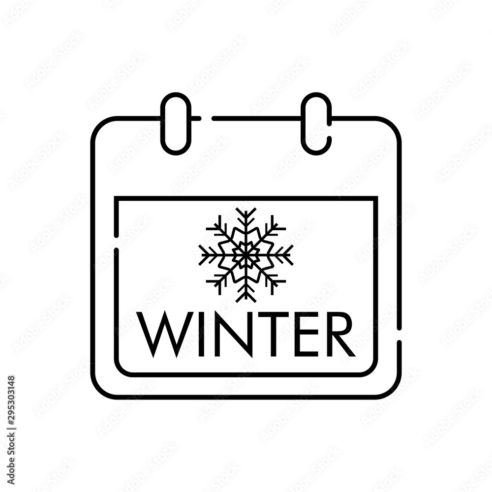 Icono plano lineal calendario con texto winter y copo de nieve en color negro.