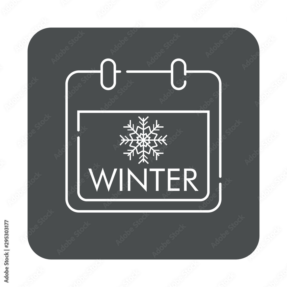 Icono plano lineal calendario con texto winter y copo de nieve en cuadrado color gris Icono plano lineal calendario con texto winter y copo de nieve en cuadrado color gris