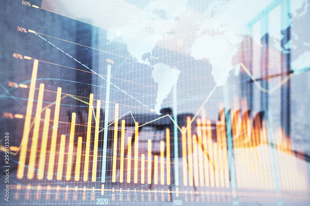 Double exposure of stock market graph with globe hologram on conference room background. Concept of international finance Double exposure of stock market graph with globe hologram on conference room background. Concept of international finance