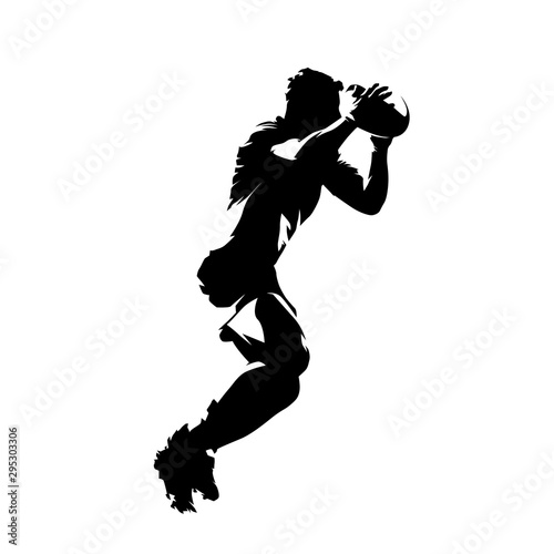 Rugby player running and holding ball in hands, abstract isolated vector silhouette. Comic style, ink drawing