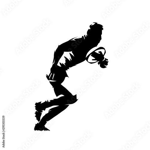 Rugby player running and holding ball in hands, abstract isolated vector silhouette. Comic style, ink drawing