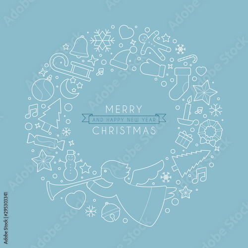 Background with Christmas wreath consisting of christmas symbols. With the text Merry Christmas and a Happy New Year. Blue background