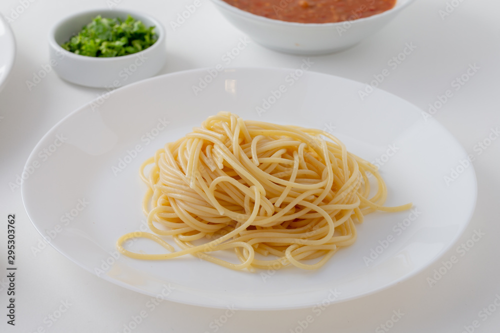 Spicy Spaghetti with Thai sausage isolaed whie Background. Spicy Spaghetti with Thai sausage isolaed whie Background.