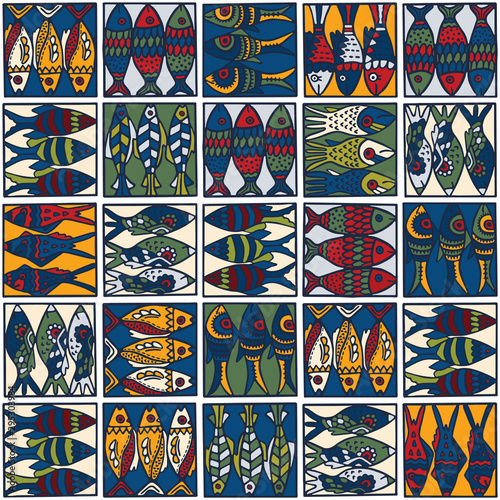 Sardines Fish Seamless Vector Pattern. Grilled Fishes BBQ Motif for Lisbon St Antonio Portugese Food Festival. Graphic for Traditional Grilled Recipe, Portugal Canned Seafood, Animal Fishing Poster