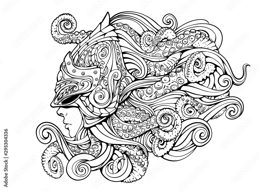 mythical creature, girl in a helmet with tentacles mythical creature, girl in a helmet with tentacles