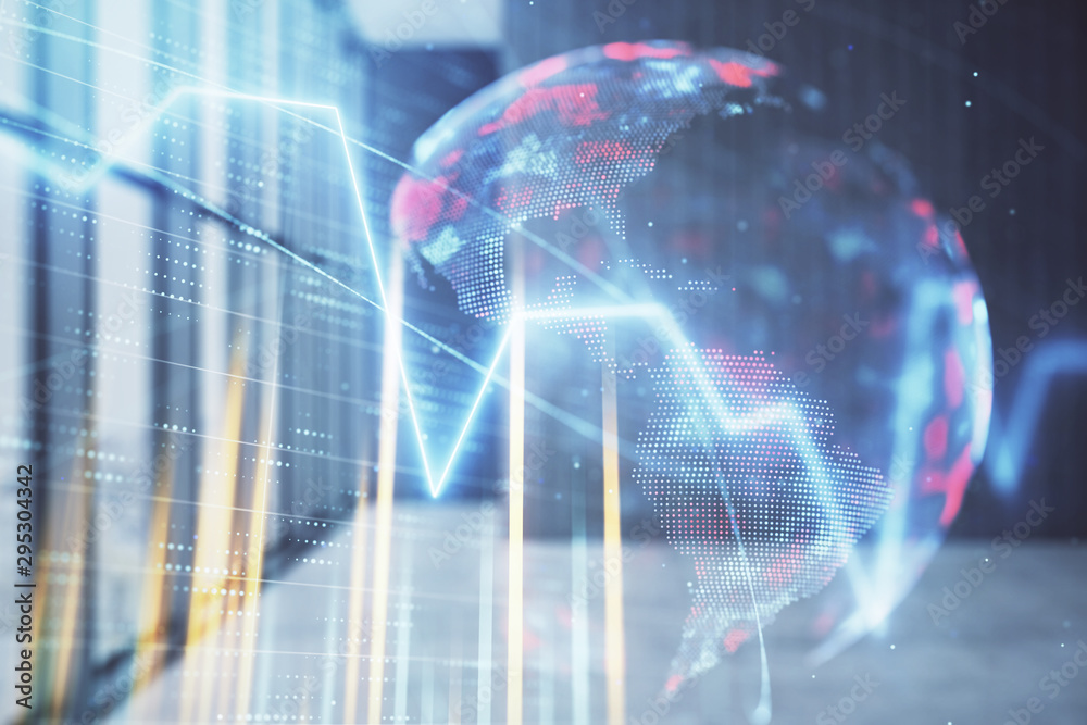 Double exposure of financial chart with world map on empty room interior background. International market concept. Double exposure of financial chart with world map on empty room interior background. International market concept.
