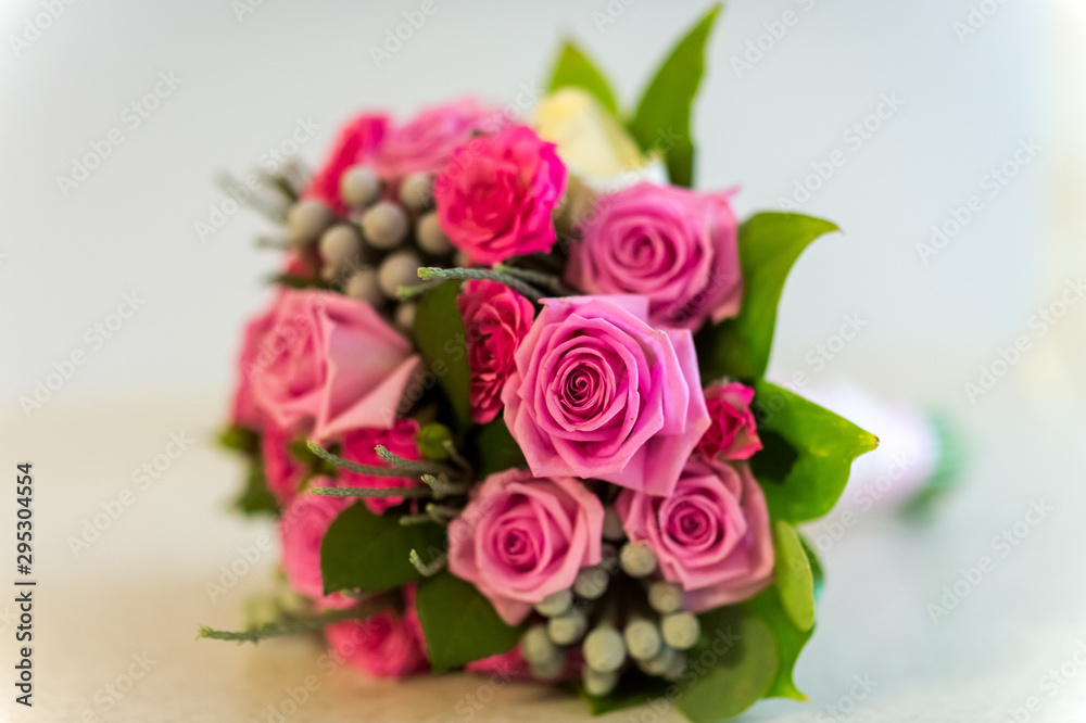 Bride's bouquet. Wedding flowers. Pink roses.
