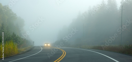 Car With Headlights Driving Through Thick Fog in Early Morning in Algonquin Park
