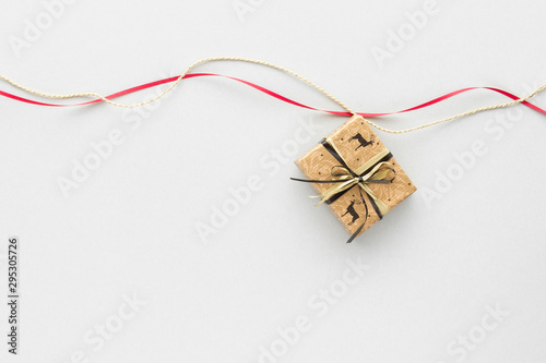 Christmas composition. Gift ribbon rope top view background with copy space for your text. Flat lay.