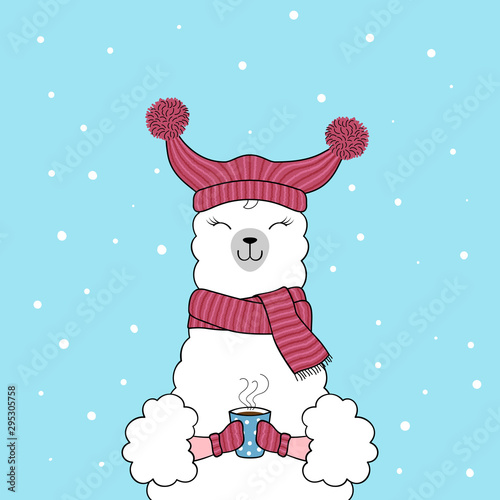 Cute cartoon llama wearing knitted hat and scarf holding a cup of coffee. Hand drawn illustration