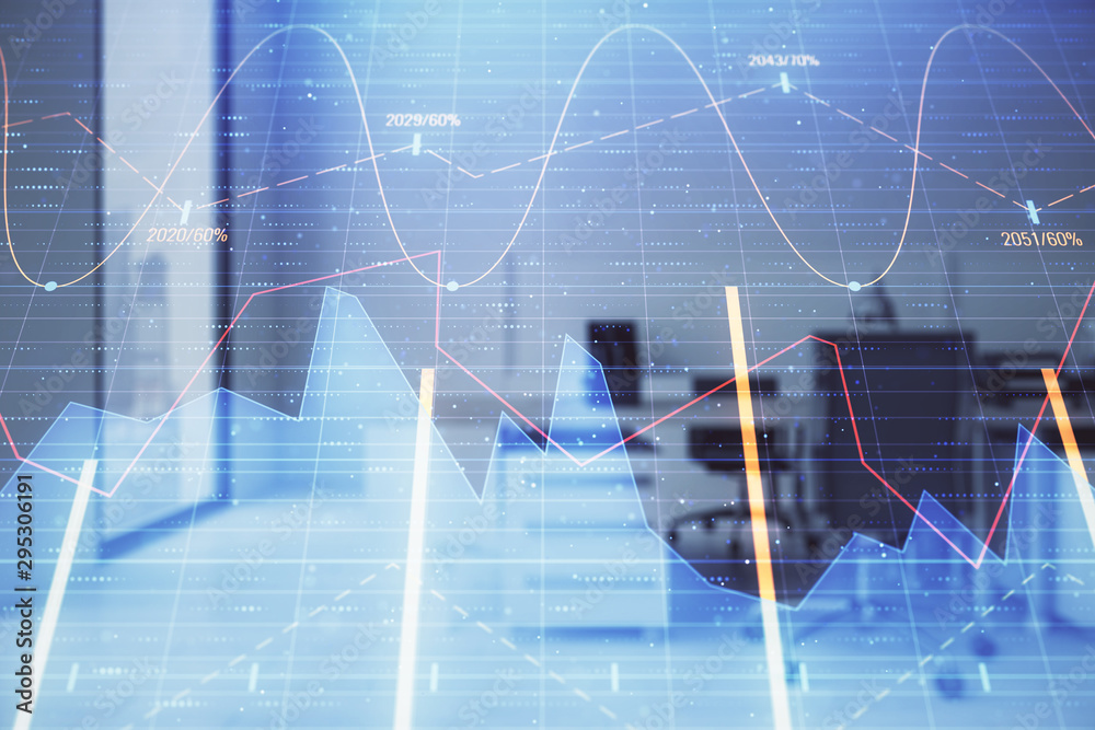 Stock market chart with trading desk bank office interior on background. Double exposure. Concept of financial analysis Stock market chart with trading desk bank office interior on background. Double exposure. Concept of financial analysis