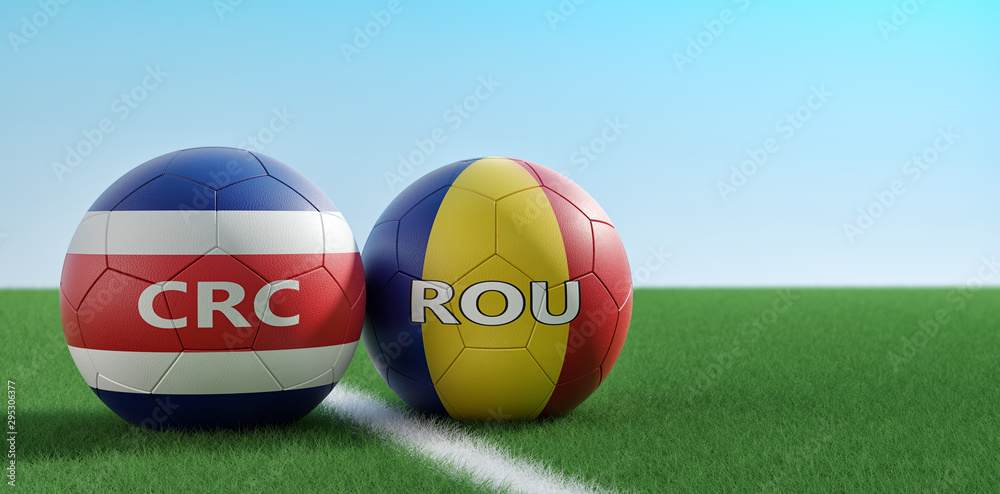 Romania vs. Costa Rica Soccer Match - Soccer balls in Chile and Costa Rica national colors on a soccer field. Copy space on the right side - 3D Rendering Romania vs. Costa Rica Soccer Match - Soccer balls in Chile and Costa Rica national colors on a soccer field. Copy space on the right side - 3D Rendering