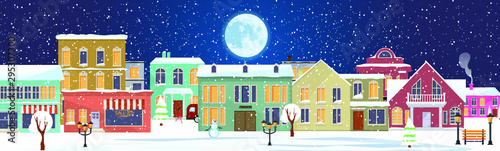 Panorama. Seamless border with winter cityscape. Snowy night in a cozy city. Winter Christmas Village NIGHT landscape.